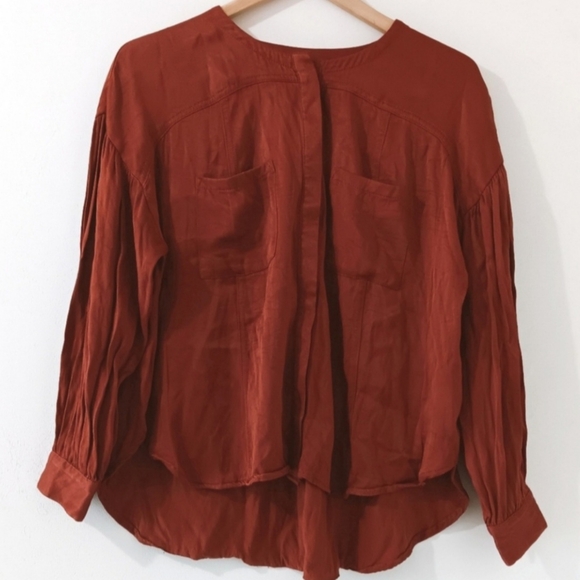 Anthropologie Darrah Western Sophisticated Rust Satin Pleated Button Down Top - Picture 2 of 12